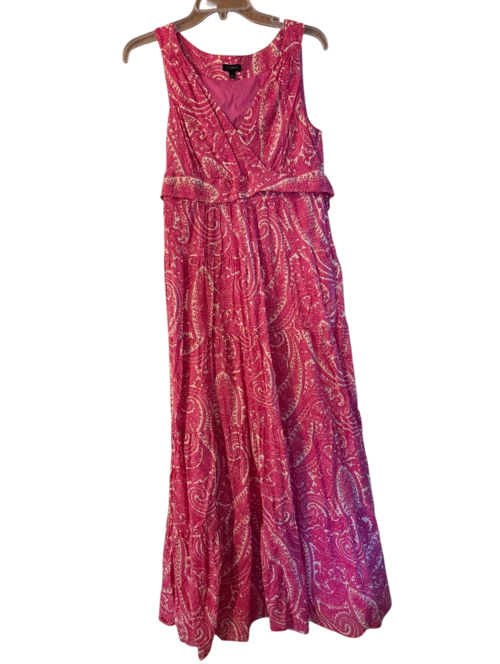 Talbots Tiered Skirt Maxi Dress Pink White Paisley Print Boho Cottagecore Size 8